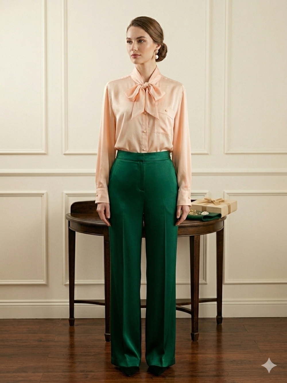 Vintage Town & Country Bow Blouse - Peach Satin-Finish Polyester - Size 10 - Picture 2 of 2